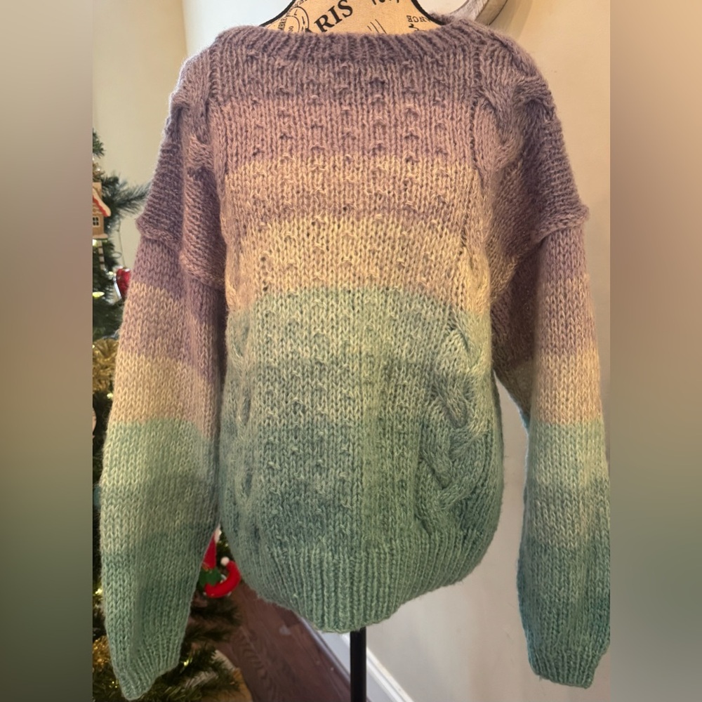 1980s 1990s Liz Claiborne Pastel Ombré Chunky Sweater Purple Teal Acrylic Large